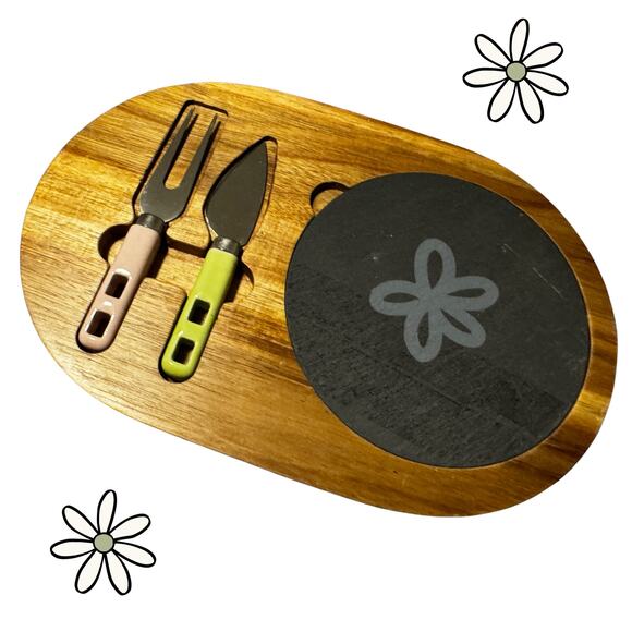 Vintage Wood & Slate Cheese Board Set with Utensils – Mid-Century Modern Style - Picture 2 of 6